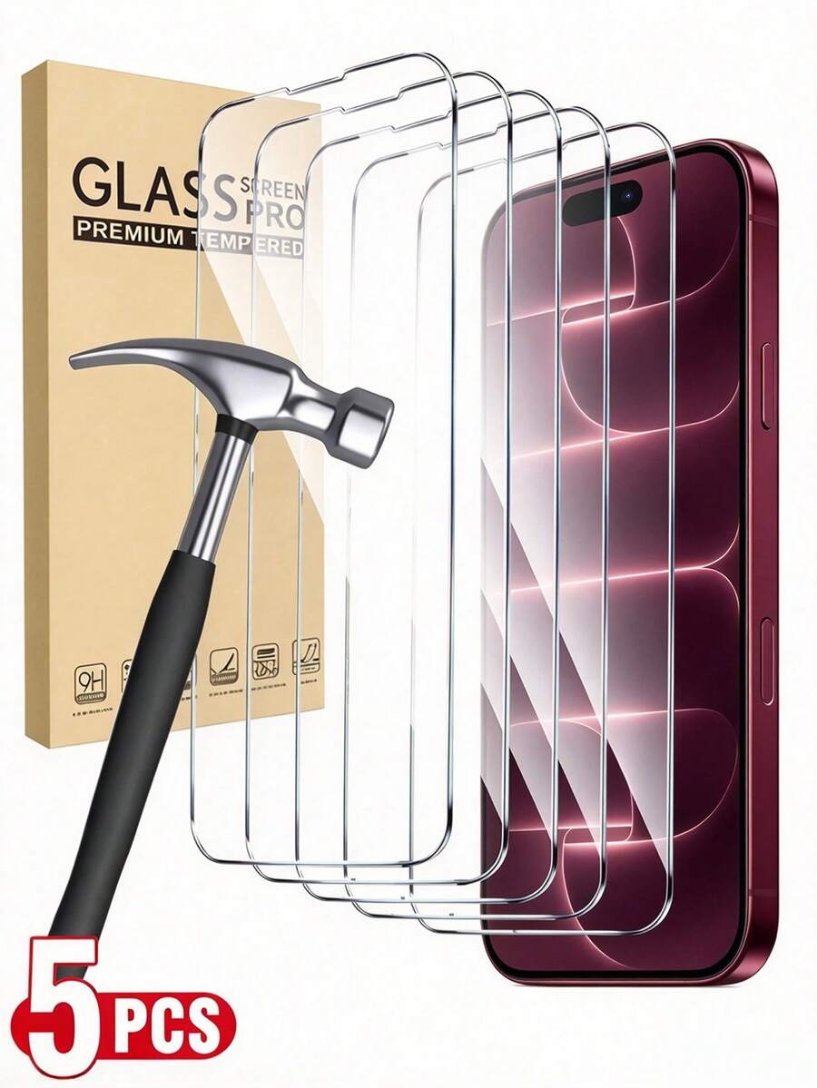 5PCS HD Clear Tempered Glass Screen Protector, Compatible With IPhone 18 Pro Max/18 Pro/18 Duo/17/17Pro/17Air/17Pro Max/16/16Pro/16Pro Max/15/15Pro/15Pro Max/14/14Pro/14Pro Max/13/13Pro/13Pro Max/12/11/XS/8/7, Anti-Scratch, Anti-Shock, Anti-Fingerprint, 9H Hardness, Easy Installation. - Clear - View 1
