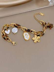 Bohemian Tortoise Shell Chain Gold Flower Pendant Women's Fashion Versatile Bracelet, Suitable For Daily, Casual, Travel Wear - Multicolor - View 8