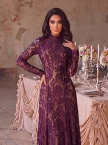 Elegant Women's Lace Long Sleeve Dress, Ruffle Collar With Stand Collar And Zipper, Charming Flared Skirt, Suitable For Special Occasions - Dark Purple - View 7