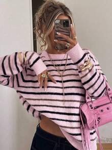 Plus Size Women's Fashion Long Sleeve Knitted Base Layer Top, New Autumn/Winter Soft Gentle Style Loose Sweater - Pink - View 3