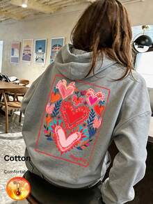 Autumn Winter Women's Fleece Hoodie With Heart And Floral Print Y2K - Flower Gray - View 9
