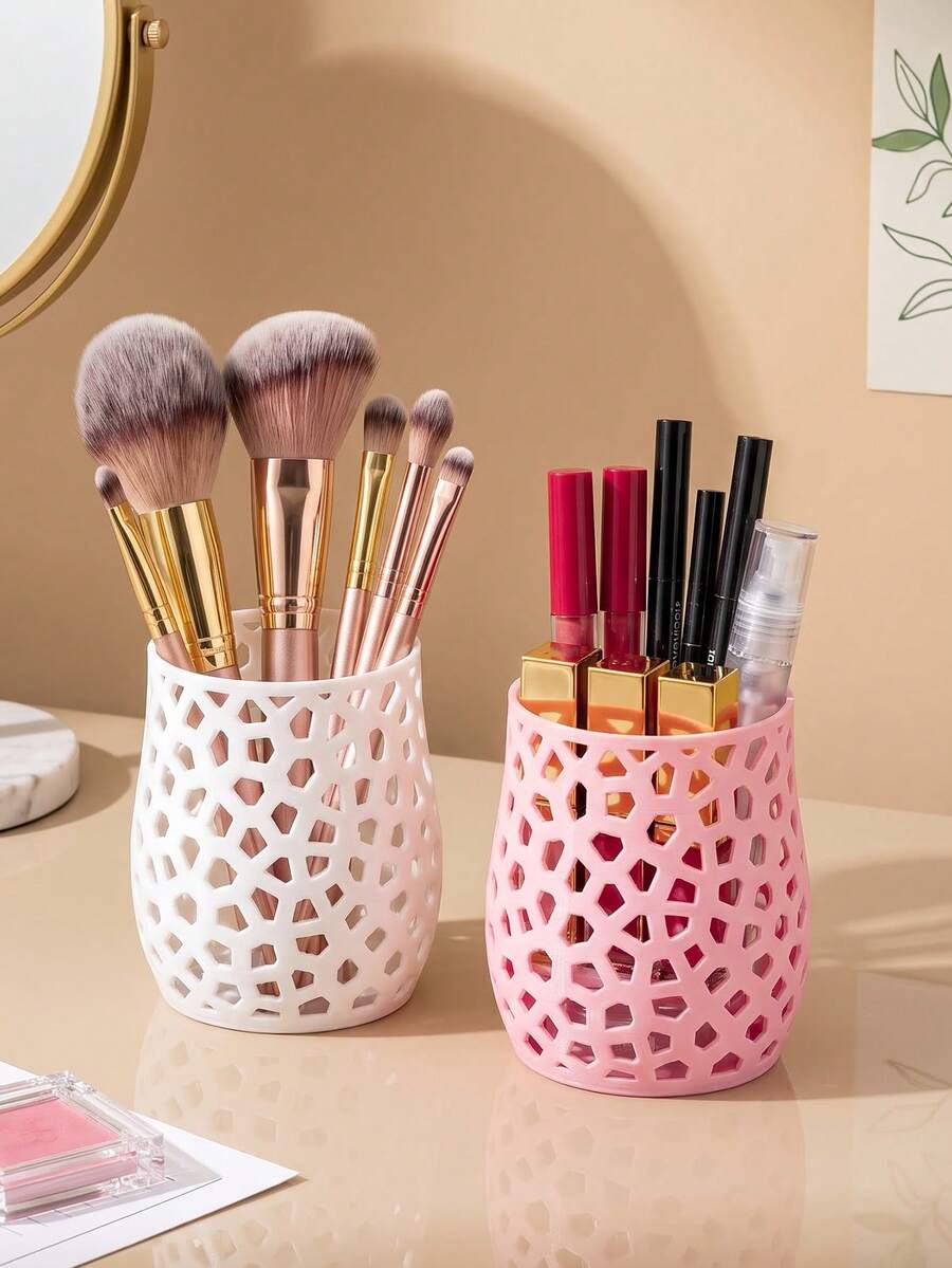 Makeup Brush Storage Box, 3D Printed Plastic Storage Box, Hollow Design Pen Holder, Toothbrush Storage Box, Suitable For Desk, Vanity, Christmas Gift, Home Decor, Room Decor, Bathroom Accessories, Office Accessories