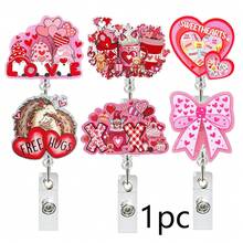1pc Valentine's Day Acrylic Heart Bow Retractable Badge Reel, Suitable For Nurses, Doctors, Teachers, Volunteers, Office Workers, Christmas, Valentine's Day - A - View 1