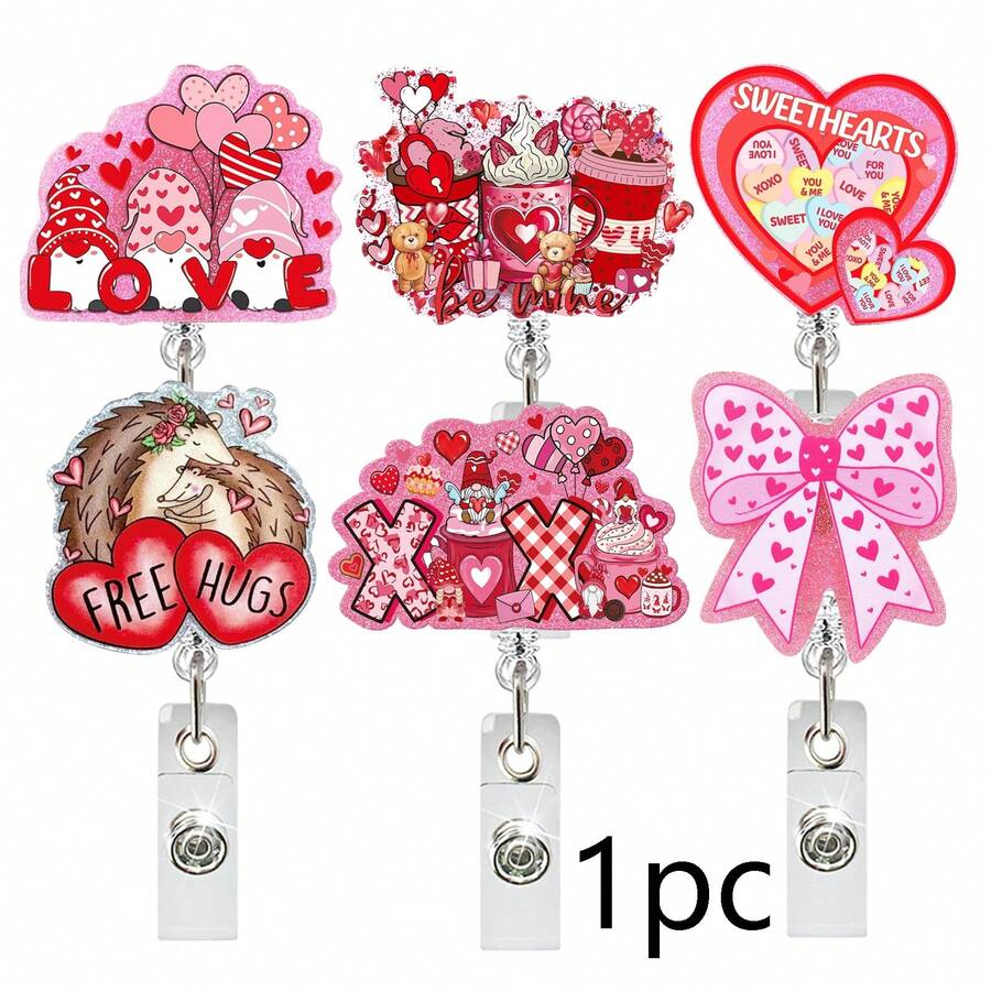 1pc Valentine's Day Acrylic Heart Bow Retractable Badge Reel, Suitable For Nurses, Doctors, Teachers, Volunteers, Office Workers, Christmas, Valentine's Day - A - View 1