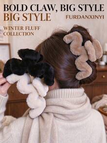 FURDANXINYI 1pc Solid Color Plush / Hair Claw,Elegant Extra Large Fluffy Wavy Hair Clip - Adorable Comfortable - Black - View 4
