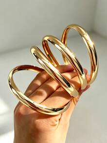 4pcs Vintage Casual Smooth Metal Bangle Bracelet Set For Women, Suitable For Daily Wear, Vacation, Date, Holiday, Party, Layering - Yellow Gold - View 4