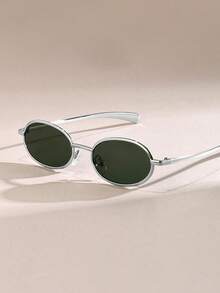 1 Pair Unisex Vintage Oval Small Frame Fashion Glasses, Y2K Metal Frame Cool Aesthetic Versatile Eyewear - Silver Frame With Green Lens - View 2
