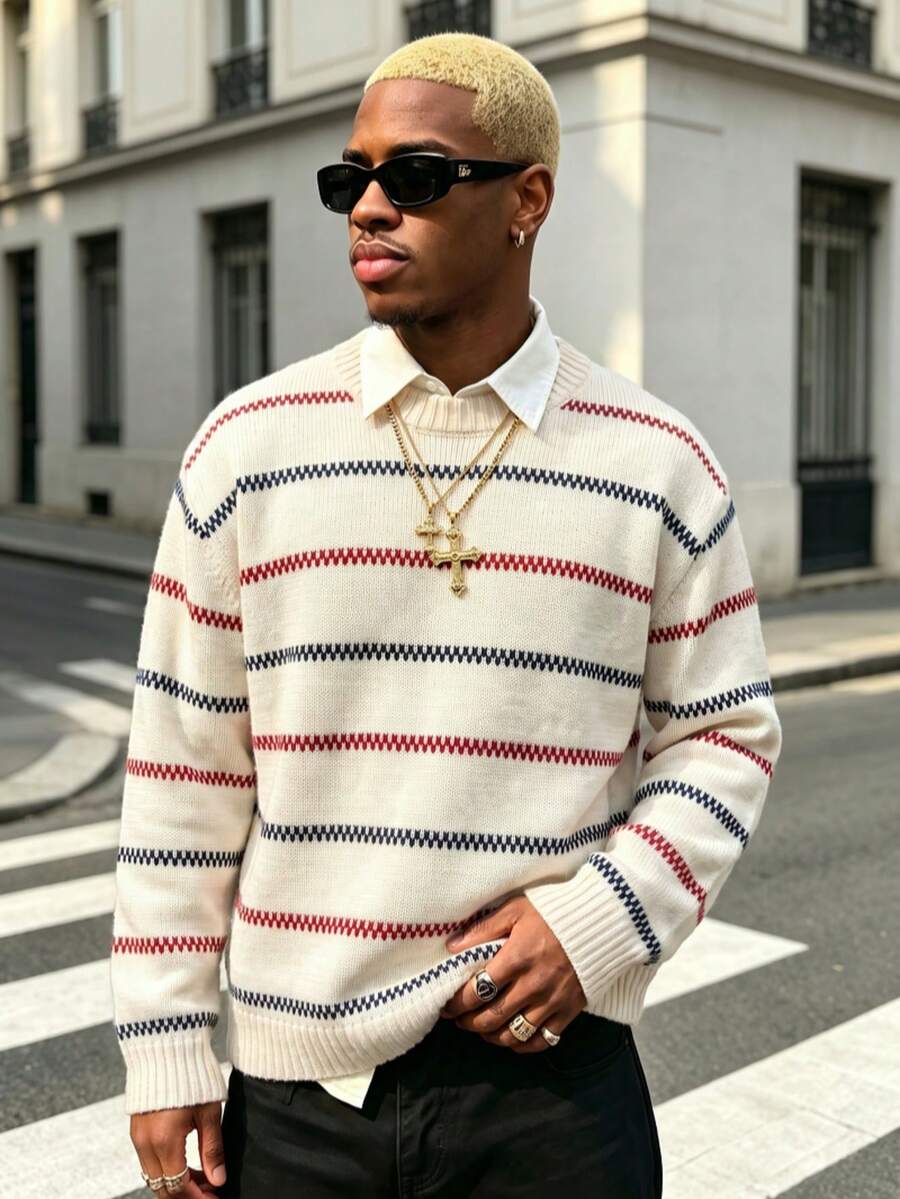 BLACKTOEXIT Men's Crew Neck Drop Shoulder Minimalist Commuter Casual Sweater, Autumn/Winter - Apricot - View 1