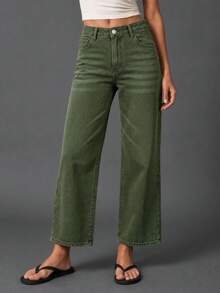 Jeans rectos de mujer de color verde de moda - Jeans de mezclilla de alta calidad para un look elegante y casual en primavera y otoño - Verde Oscuro - Ver 2