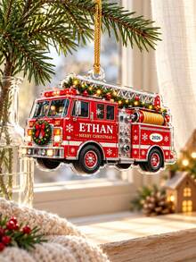 1pc Personalized Custom Fire Truck Acrylic Christmas Ornament, Customized Name & Year Text Pendant, Red Fire Truck With Christmas Wreath & Snowflake Pattern, Firefighter Christmas Memorial Gift, Christmas Tree Holiday Decoration - Multicolor - View 9