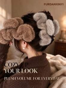 FURDANXINYI 1pc Solid Color Plush / Hair Claw,Elegant Extra Large Fluffy Wavy Hair Clip - Adorable Comfortable - Black - View 3