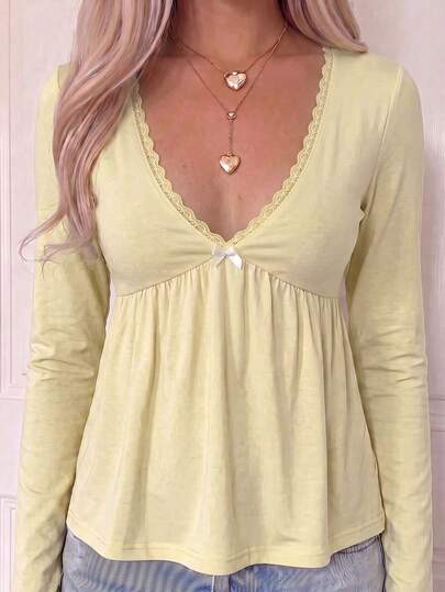 SCARLUX Fall Women Y2K V-Neck Lace Trim Long Sleeve Top, Bow Front Peplum Babydoll Tee, Back To School Daily Commute Outfit