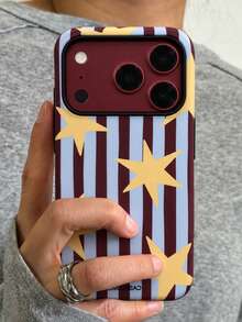 Fashionable Star Stripe Color Block Matte 2-In-1 Phone Case, Compatible With IPhone 18 Pro Max 18 Pro 17 Pro Max 17 Pro 17 16 Pro Max 16 Pro 16 15 Pro Max 15 Pro 15 14 Pro Max 14 Pro 14 13 Pro Max 13 Pro 13 12 11, Creative Asymmetrical Line Pattern Hard PC Full Coverage Protective Back Cover - Blue Star Stripes - View 3