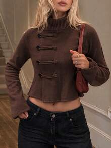 Autumn/Winter Vintage New Chinese Style Dark Brown Asymmetrical Collar Frog Button Half-High Neck Knitted Top Women Short Cinched Waist Flared Long Sleeve National Style Sweater Cardigan Solid Color Front Button Ribbed Pocket College - Chocolate Brown - View 2