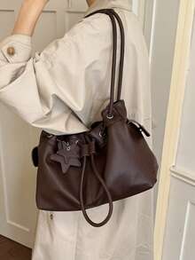 Women Vintage Soft PU Leather Drawstring Bucket Bag Star Charm Pendant Shoulder Bag Large Capacity Hobo Handbag Suitable For Daily Used Office - Coffee - View 5