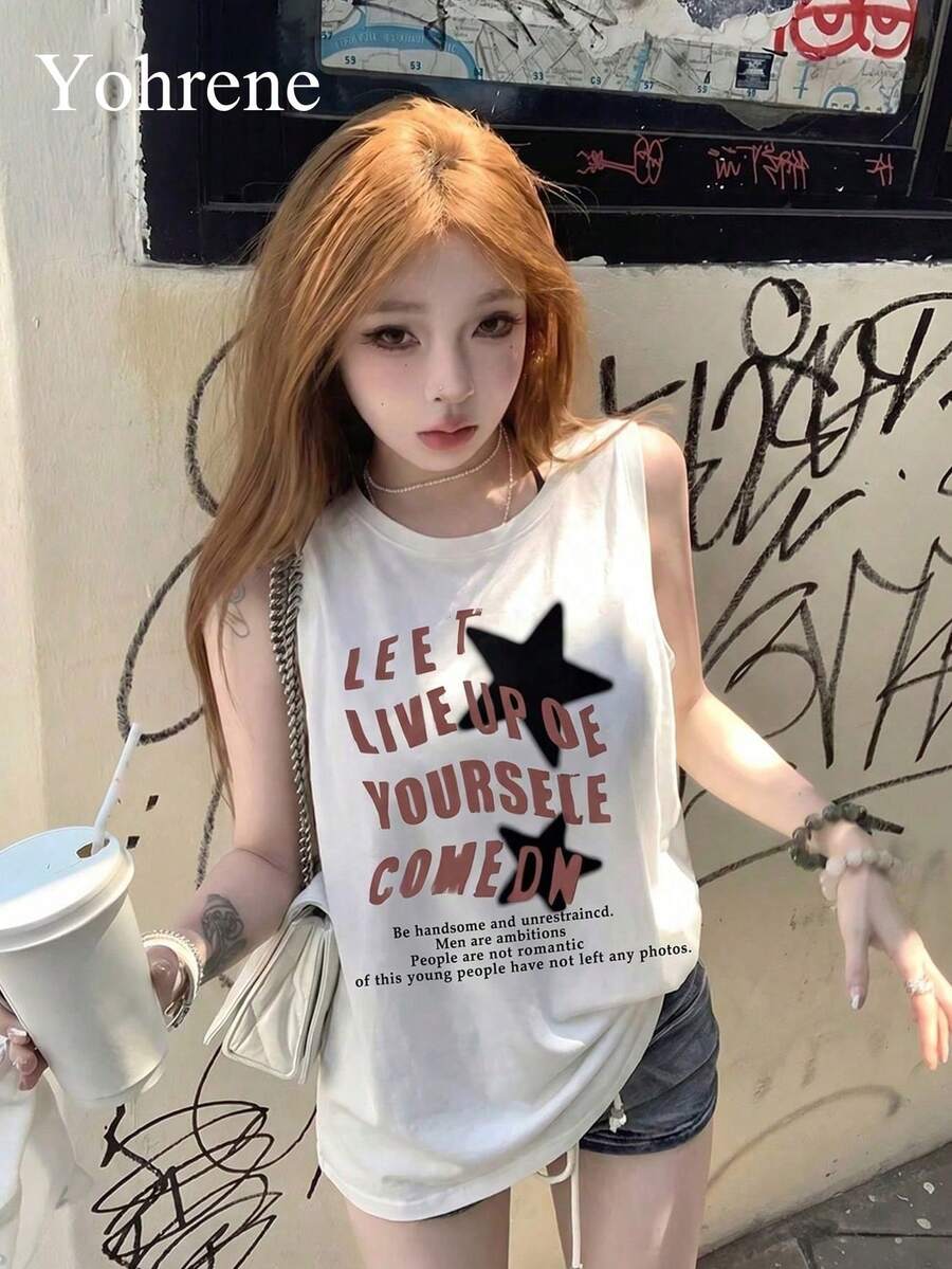 Summer Casual Spicy Sweet Star Slogan Print Loose Tank Top White - White - View 1
