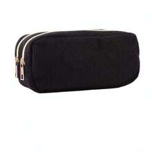 Solid Color Corduroy Double Zipper Pencil Case, Large Capacity Double Layer Stationery Storage Bag, Multifunctional Pencil Case, Cosmetics And Travel Storage Bag, Portable Toiletry Bag, Daily Use, Back To School Essential, American School Campus - One Size - View 9