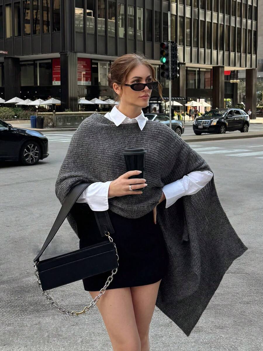 Women's Elegant High Neck Soft Knit Sweater, Autumn/Winter Solid Color Loose Fit Asymmetrical Hem Shawl Style, Suitable For Daily Wear And Dates - Grey - View 1