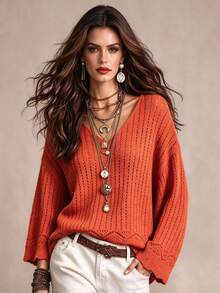 HOMEYEE Bright Orange V-Neck Hollow Crochet Knit Sweater Women Loose Lantern Long Sleeve Thin Vacation Style Solid Color Pullover Top - Orange - View 2