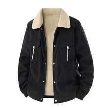 Mulinsen Men Corduroy Jacket,Sherpa Collar Thick Winter Coat, Zip Pocket Button Front Workwear Outerwear - Black - View 6