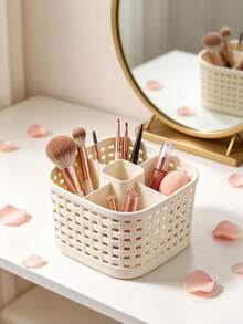 1pc Synthetic Plastic Faux Rattan Multi-Compartment Storage Box, Cream Style Desktop Organizer Bin For Makeup Brushes, Cosmetics, Stationery And Miscellaneous Items - Beige - View 2