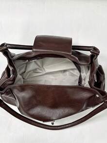 Women Shoulder Tote Bag Solid Vintage Faux Leather With Metal Buckle Detachable Strap Large Capacity Casual For Daily Travel - Coffee - View 4