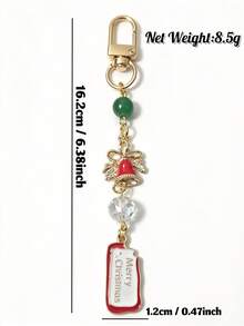 1pc Christmas Bell Keychain, Red Green Enamel Bell Charms With Bead Crystal, Gold Clasp Key Ring, Car Bag Pendant, Xmas Gift - Multicolor - View 7