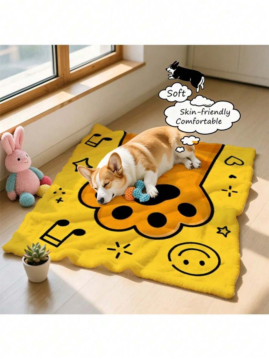 2D Flat Print - 1pc Cute Paw Yellow Theme Design Pet Blanket - Suitable For Cats, Dogs Or Small Dogs - 70*100cm - View 1