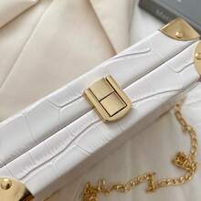 Crocodile Embossed Metal Corner Small Square Bag, Fashionable Women's Chain Crossbody Bag, Unique Solid Color Stone Texture Clutch Bag, Can Fit Phone And Coin Purse - A - View 11