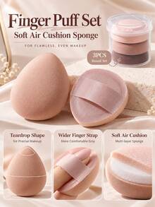 2set/1set 3-Color Finger Powder Puff Makeup Sponge Set, Soft Air Sponge Material With Wide Finger Strap Design, Includes Pink, Brown, Coffee Colors, Suitable For Under-Eye Setting, Concealing, Blending And Blush Touch-Ups, Designed For Women And Makeup Beginners Seeking Natural Makeup Effect, Dry And Wet Use, Storage Box, Powder Puff, Travel Essentials, Makeup Tools, Great Gift For Christmas And Halloween - Multicolor - View 3