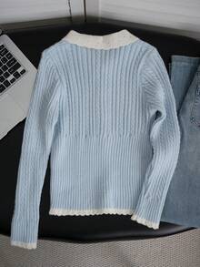 Women's Light Blue Wool Button Cardigan Sweater With White Fan Collar, Suitable For Autumn/Winter Preppy Style - Blue - View 8