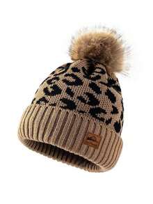 1pc Women's Autumn/Winter Leopard Print Pom Pom Knit Hat, Fashionable Versatile Windproof Warm Ear Protection Beanie, Suitable For Daily Outdoor Wear - Multicolor - View 8