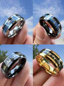 SeuSuk 4pcs/Set Casual Fashion Classic Minimalist Heartbeat Pattern Stainless Steel Rings, Men's Fashion Heart Low-Allergenic Finger Rings Accessories, Suitable For Daily Wear And Parties, Ideal Holiday Gift - Multicolor - View 5