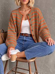 Women's Plus Size Striped Front Button Cardigan, Long Sleeve Ribbed Knit Top, Autumn/Winter - Multicolor - View 4