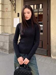 Women's High Neck Long Sleeve Knit Base Layer, Solid Color Slim Fit Innerwear, Autumn/Winter - Black - View 4