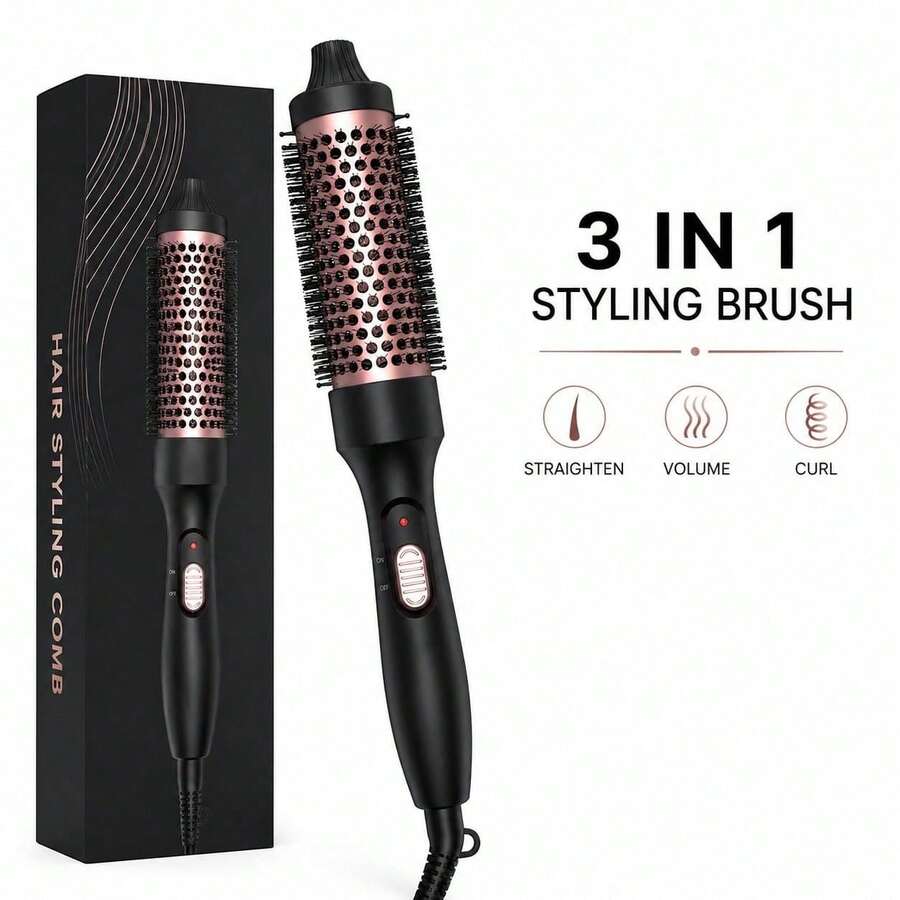 3-In-1 Hair Straightener, Curler & Volumizing Brush, Rose Gold Round Styling Brush For Straight Hair, Loose Curls, Bangs & Root Volume, Electric Hair Styling Tool For Women, Home Travel & Daily Use