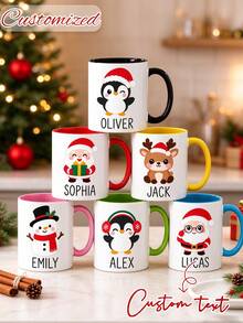 Customized Christmas Ceramic Mug, Personalized With Name, Cute Santa Claus And Penguin Christmas Cartoon Mug, Personalized Hot Cocoa Mug, Family Customized Holiday Gift, Secret Santa Gift - Multicolor - View 1