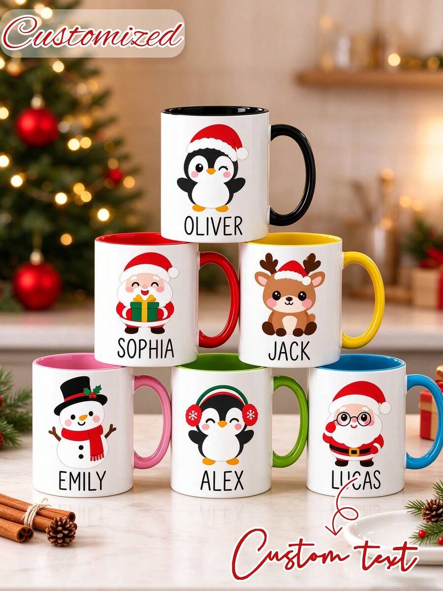 Customized Christmas Ceramic Mug, Personalized With Name, Cute Santa Claus And Penguin Christmas Cartoon Mug, Personalized Hot Cocoa Mug, Family Customized Holiday Gift, Secret Santa Gift - Multicolor - View 1