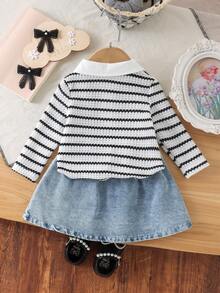 2pcs Baby Girl Casual Preppy Style Wavy Pattern Collared Top And Denim Skirt Set, Spring/Autumn - Black and White - View 2
