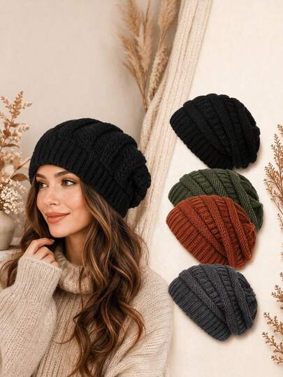 Chunky Knit Cable Loose Brimless Beanie - Adjustable Elastic Oversized Loose Hat, Soft Warm Winter Hat, Unisex, Machine Washable Neutral Skull Cap, Suitable For Outdoor, Cold Weather, Casual Streetwear