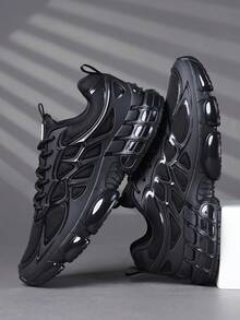 Men's Fashion Thick Sole Dad Sneakers, Air Cushion Shock Absorbing Outsole, Non-Slip Wear-Resistant Thickened Sole, Lightweight Breathable Upper, Lace-Up Style, Suitable For Daily Commute, Outdoor, Streetwear Casual Running Shoes - Black - View 3