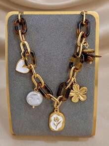 Bohemian Tortoise Shell Chain Gold Flower Pendant Women's Fashion Versatile Bracelet, Suitable For Daily, Casual, Travel Wear - Multicolor - View 7