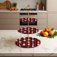 3-Tier Wooden Serving Tray Stand With Red & Black Plaid Christmas Pattern And Gold Frame, Suitable For Holiday Party Dessert Cake Cupcake Display Kitchen Decor, Festive Feast, Elegant Presentation, Durable Material, Cake Stand, Serving Tray, Event Planner, Party Host - Multicolor - View 1