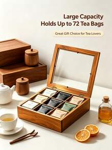 1pc Wooden 9-Compartment Tea Bag Storage Box, Divided Tea Bag Organizer, Multi-Slot Tea Storage Rack, Suitable For Kitchen Countertop Coffee Station, Home Decor, Housewarming Gift - Brown - View 4