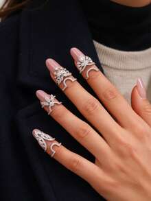 4pcs Elegant Luxurious Silver Copper Rhinestone Flower & Water Drop Nail Ring Set, Personalized Exquisite Elegant Detachable Fingertip Jewelry Set For Daily, Party, Vacation, Casual, Wedding, Date Wear - Silver - View 2