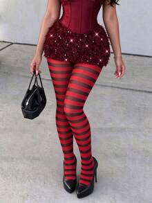 1 Pair Black & Red Horizontal Striped Tights, Elastic Full Foot Pantyhose, Punk Style Party Outfit - Multicolor - View 6