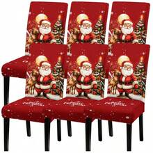 4pcs/6pcs Christmas Santa & Reindeer Print Stretch Dining Chair Cover, Removable Washable Elastic Chair Slipcover, Xmas Home Dining Room Decor - Red - View 3