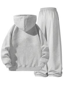 Men's 2 Pieces Half-Zip Hoodie And Wide-Leg Sweatpants Set, Loose Fit Casual Outfit For Daily Commute, Spring And Autumn - Light Grey - View 8