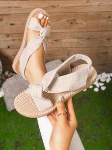 Bohemian Style Women's Flat Sandals, Linen Texture Twisted Back Strap Sandals, Vacation Straw Woven Sole Summer Sandals - Khaki - View 3