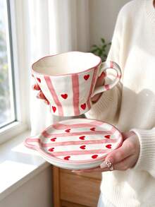 1set Heart Striped Ceramic Coffee Mug With Saucer Set, Hand Painted Red Heart & Stripe Latte Cup, Aesthetic Breakfast Tea Cup, Cute Home Kitchen Drinkware Gift - Multicolor - View 7